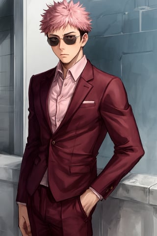 yuji itadori, alone, 1 boy, pink hair, short hair shaved on the sides, wearing 1 elegant pink suit, muscular, with sunglasses, ,itadori yuuji,spiked hair,short hair,undercut,facial mark,Germany Male,brown eyes, 