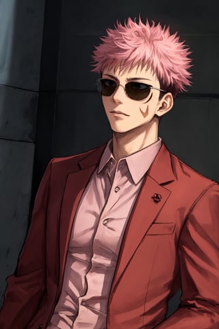 yuji itadori, alone, 1 boy, pink hair, short hair shaved on the sides, wearing 1 elegant pink suit, muscular, with sunglasses, ,itadori yuuji,spiked hair,short hair,undercut,facial mark