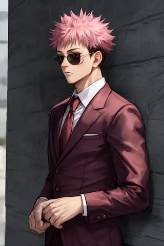 yuji itadori, alone, 1 boy, pink hair, short hair shaved on the sides, wearing 1 elegant pink suit, muscular, with sunglasses, ,itadori yuuji,spiked hair,short hair,undercut,facial mark,Germany Male,brown eyes, 