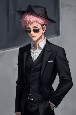 yuji itadori, alone, 1 boy, pink hair, short hair shaved on the sides, wearing 1 elegant suit, muscular, wearing sunglasses, yuuji itadori, spiky hair, short hair, undercut, facial marking, Germany Male, eyes brown boater hat