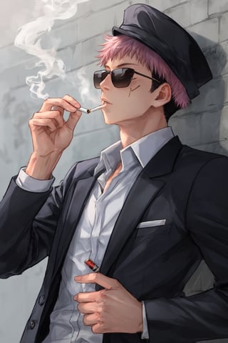 yuji itadori, alone, 1 boy, pink hair, short hair shaved on the sides, wearing 1 elegant suit, muscular, wearing sunglasses, yuuji itadori, spiky hair, short hair, undercut, facial marking, Germany Male, eyes brown boater hat, with a cigarette in his mouth, while lighting it with a lighter 