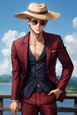 yuji itadori, alone, 1 boy, pink hair, short hair shaved on the sides, wearing 1 elegant pink suit, muscular, with sunglasses, ,itadori yuuji,spiked hair,short hair,undercut,facial mark,Germany Male,brown eyes, boater hat