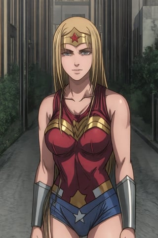 1 girl, alone, a city, on the street, masterpiece, very detailed, blonde, long hair Lora de Ymir, soft smile, wearing, the costume, wonder woman,wonder2, big breasts, 