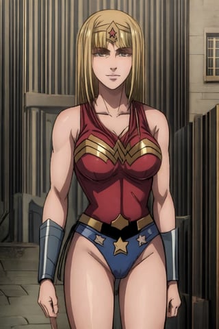 1 girl, alone, city, masterpiece, very detailed, blonde, long hair Lora de Ymir, soft smile, wearing, the costume, wonder woman,wonder2, big breasts