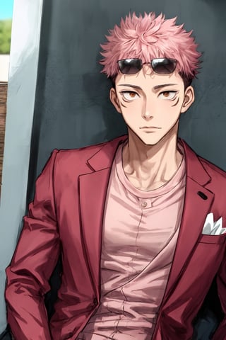 yuji itadori, alone, 1 boy, pink hair, short hair shaved on the sides, wearing 1 elegant pink suit, muscular, with sunglasses, ,itadori yuuji,spiked hair,short hair,undercut,facial mark