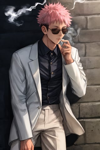 yuji itadori, alone, 1 boy, pink hair, short hair shaved on the sides, wearing 1 elegant suit, muscular, wearing sunglasses, yuuji itadori, spiky hair, short hair, undercut, facial marking, Germany Male, eyes brown boater hat, with a cigarette in his mouth, while lighting it with a lighter 