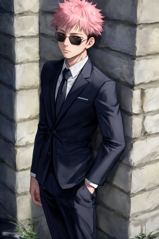 yuji itadori, alone, 1 boy, pink hair, short hair shaved on the sides, wearing 1 elegant suit, muscular, wearing sunglasses, yuuji itadori, spiky hair, short hair, undercut, facial marking, Germany Male, eyes brown boater hat