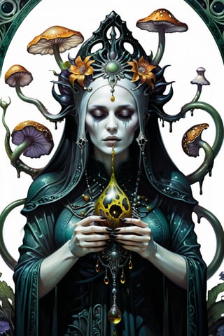 the ghost flower card, a poisonous priestess, from the side, dripping poison from her hands, holding an intricate poison vial, she is surrounded by incredible fungi, Hans Ruedi Giger bio-mechanical style, fantasy art nouveau tarot card style, (best quality,4k,8k,highres,masterpiece:1.2),ultra-detailed,(realistic,photorealistic,photo-realistic:1.37),dramatic lighting,vibrant colors,stunning details,g1h3r,fr4z3tt4