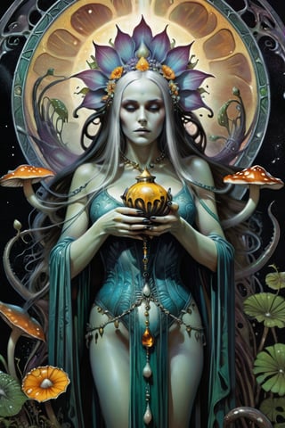 the ghost flower card, a poisonous priestess, shot from the side, dripping poison from her hands, holding an intricate poison vial, she is surrounded by incredible fungi, Hans Ruedi Giger bio-mechanical style, fantasy art nouveau tarot card style, (best quality,4k,8k,highres,masterpiece:1.2),ultra-detailed,(realistic,photorealistic,photo-realistic:1.37),dramatic lighting,vibrant colors,stunning details,g1h3r,fr4z3tt4,LinkGirl