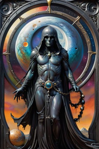 the through, a beautiful humanoid wraith, from the side, it has a circular black hole around its waist, it is crossing a circular black hole, Hans Ruedi Giger bio-mechanical style, fantasy art nouveau tarot card style, (best quality,4k,8k,highres,masterpiece:1.2),ultra-detailed,(realistic,photorealistic,photo-realistic:1.37),dramatic lighting,vibrant colors,stunning details,g1h3r,fr4z3tt4,LinkGirl