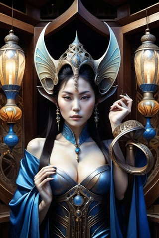 a beautiful mature woman, holding a large intricate hourglass, dramatic poses, wearing a beautifully detailed robe, pointed ears, A marking can be seen on her forehead, Hans Ruedi Giger bio-mechanical style, fantasy art nouveau, (best quality,4k,8k,highres,masterpiece:1.2),ultra-detailed,(realistic,photorealistic,photo-realistic:1.37),dramatic lighting,vibrant colors,stunning details,g1h3r,fr4z3tt4 ,Japanese Girl - SDXL