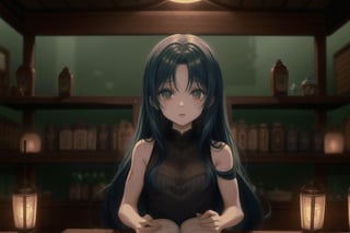 1 woman, long hair, dark colored sleeveless outfit, shoulders exposed, indoors, dim lighting, bookshelf, bottles and jars, lit lanterns, warm atmosphere, background: bookshelf, bottles, lanterns, indoor: dim, woman: long hair, sleeveless, shoulders exposed, lanterns: lit, atmosphere: warm,Anime,masterpiece,anime, fantasy