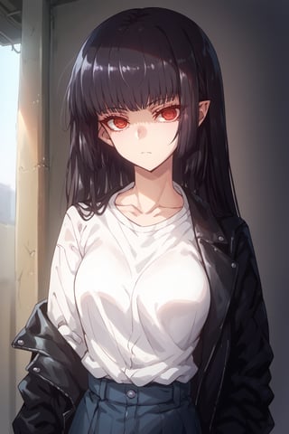 score_9, score_8_up, score_7_up, score_6_up, score_5_up, score_4_up,masterpiece,1 girl,sana sunomiya,sana sunomiya, long hair, bangs, black hair, red eyes, hime cut, ringed eyes, shirt, ,long sleeves, Black leather jacket,White shirt,Pointed ears,/aya_phimosis,phimosis