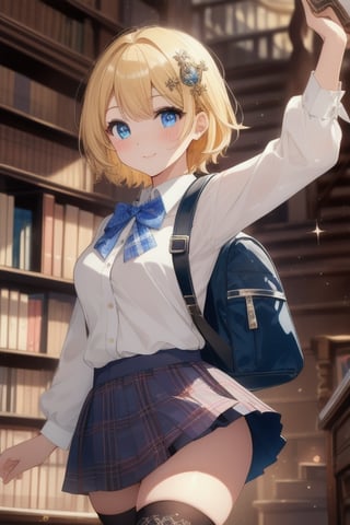 A bright-eyed beauty with short blonde hair adorned with a sparkling hair ornament winks sexily, her blue eyes sparkling with mischief. She's dressed in a crisp white shirt, black bowtie, and plaid skirt, complete with a backpack and Zettai Ryouiki-inspired socks. Her luxurious library surroundings are set against a warm, golden lighting, highlighting the cozy atmosphere. Framed by the shelves of books, she strikes a cute pose, exuding kawaii charm.(masterpiece:1.4), Best Quality, 16k, ultra-detailed, finely detailed, high resolution, perfect dynamic composition ,detailed eyes, cinematic lighting, detailed background ,depth of fields ,perfect proportion ,hyperdetailing skin, 