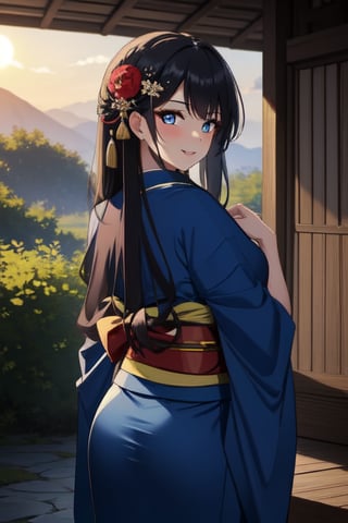 A serene Japanese maiden stands alone amidst a lush, verdant backdrop. Her long, raven-black locks cascade down her back, adorned with a traditional hair ornament that catches the soft, warm light of the setting sun. Her bangs frame her heart-shaped face, where a subtle, enigmatic smile plays on her lips. Her eyes, like polished black jewels, seem to hold a secret as she gazes directly at the viewer. A delicate hair flower is nestled among her tresses, adding a touch of whimsy to her demure kimono-clad figure. The sash that cinches her waist is a vibrant splash of color against the muted tones of her outdoor surroundings.(masterpiece:1.4), Best Quality, 16k, ultra-detailed, finely detailed, high resolution, perfect dynamic composition ,detailed eyes, detailed background ,depth of fields ,perfect proportion ,hyperdetailing skin, cinematic lighting, 