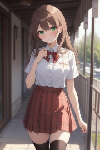 A stunning shot of a kawaii supermodel, standing confidently with her long, light brown hair slightly unkempt and her side-swept bangs framing her beautiful green eyes. She wears a short-sleeved school uniform with a dark-colored skirt featuring a tartan pattern and zettai_ryouiki details. Her phone clutched in hand, she gazes directly into the camera lens with a subtle head tilt, showcasing her natural blush and effortless charm. The warm sunlight catches her sweat-glistened skin, accentuating her elegant features as she stands effortlessly in the frame.(masterpiece:1.4), Best Quality, 16k, ultra-detailed, finely detailed, high resolution, perfect dynamic composition ,detailed eyes, cinematic lighting, detailed background ,depth of fields ,perfect proportion ,hyperdetailing skin, 