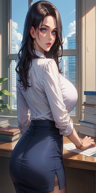 score_9_up, score_8_up, score_7_up, solo_focus, 1girl, huge_breasts, huge ass, milf, long straight hair, blue eyes, black hair, white office shirt, black office skirt, pantyhose, office, window, table, standing, looking back, looking_at_viewer