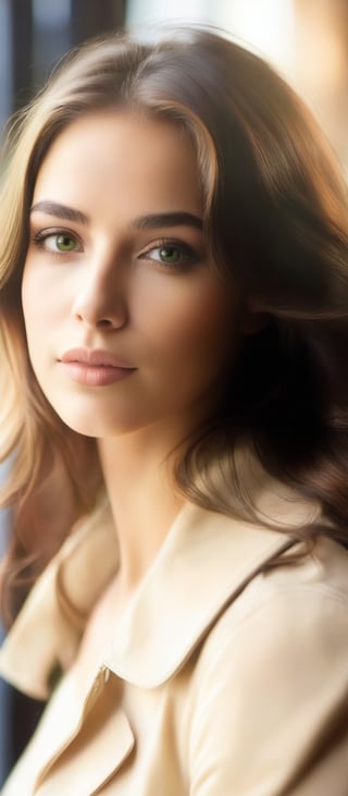 portrait of a confident, beautiful young woman. her shoulder length brown hair frames her face. natural beauty. beautiful green and brown eyes. catchlights in the eyes. full lips. The image has a neutral color tone with natural light setting. f/5.6 50mm, close-up, sharp focus, (Best Quality:1.4), (Ultra realistic, Ultra high res), Highly detailed, Professional Photography