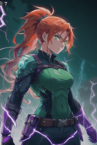 front view, (score 9, score 8 up, score_7_up, source anime, dark, serious
young vigilante woman, glowing cyan green eyes. fierce, ready to fight, lean muscular build, long red orange hair, ponytail, young hero, makeshift equipment ragtag, 

(masterpiece), best quality, expressive eyes, perfect face,purple lightning