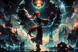 (a woman with a cyan green eyes, long red orange hair in a ponytail,  lightning halo, painted in flames, a silver forked sky, standing against the planet's last dance, hovering in the air, arms outstretched) Art-Deco-inspired landscape, ((mesmerizing)) shell at her feet, dynamic composition, rule of thirds, ((twilight)) ambiance, (ultra-detailed),, best quality, high resolution, atmospheric, ((sublime)),, painterly,nodf_lora, thundermagic