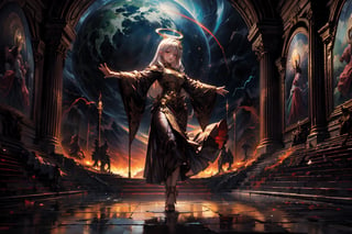 (a woman with a perfect halo of gold hair and lightning, painted in flames, a silver forked sky, standing against the planet's last dance, hovering in the air, arms outstretched) Art-Deco-inspired landscape, ((mesmerizing)) shell at her feet, dynamic composition, rule of thirds, ((twilight)) ambiance, (ultra-detailed),, best quality, high resolution, atmospheric, ((sublime)),, painterly,nodf_lora