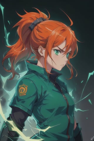 front view, (score 9, score 8 up, score_7_up, source anime, dark, serious
young vigilante woman, glowing cyan green eyes. fierce, ready to fight, lean muscular build, long red orange hair, ponytail, young hero, makeshift equipment ragtag, 

(masterpiece), best quality, expressive eyes, perfect face,madeoflightningai