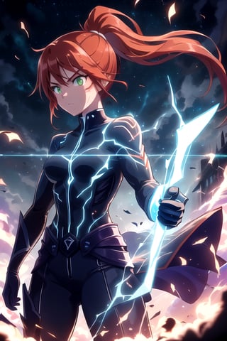 front view, (score 9, score 8 up, score_7_up, source anime, dark, serious
young vigilante woman, glowing cyan green eyes. fierce, ready to fight, lean muscular build, long red orange hair, ponytail, young hero, makeshift equipment ragtag, 

(masterpiece), best quality, expressive eyes, perfect face,