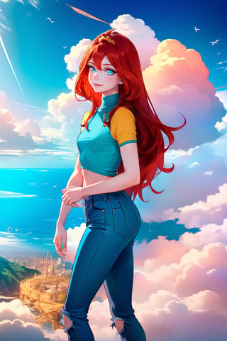 ultra detailed, masterpiece, best quality, aesthetic, detailed, GIRL, smiling face, manga, manwha, comic, (Bloom), (orange hair, blue eyes, bangs, long hair), (Casual Outfit), (croptop, blue tshirt, yellow short sleeves,skinny jeans, yellow sandals), (realistic:1.2), (masterpiece:1.2), (full-body-shot:1),(Cowboy-shot:1.2), neon lighting, dark romantic lighting, (highly detailed:1.2),(detailed face:1.2), (gradients), colorful, detailed eyes, (detailed landscape:1.2), (natural lighting:1.2), (standing simple pose:1.2), (solo, one person, 1girl:1.5), fairy_wings, winx, fairy, mhxy, cloud, scenery, sky, outdoors, no humans, tree, blue sky, day, bird, bridge, cloudy sky, fantasy, cherry blossoms, cityscape, building, castle, city