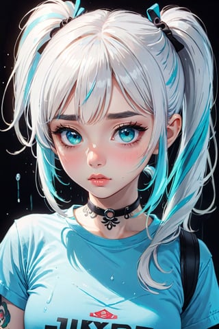 (24yo girl, beautiful girl, cute round face, big eyes, full lips,white hair with cyan streaks, emo style, t-shirt, headshot, masterpiece,  best quality,  high resolution, high_res, long_ponytail, bangs, neck tattoo, sweating, cyan eyes