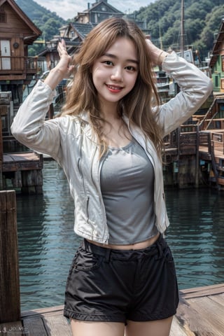 The person in the picture is a young woman with blonde hair. She is wearing a white jacket over a green tank top and black shorts. Her arms are raised in the air, and she is smiling. She is standing on a wooden dock or pier.(hair colorfull),long_hair
