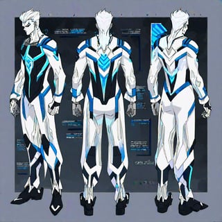 An evil male human comic character, marvel style drawing, character standing reference, front side and back views of one single character, icy eyes with black pupils. blue and black superhero suit, white hair, white luminance from body, scowl. character's jaw is wired shut with wires across top and bottom lips. full body, turnaround, 