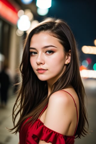 instagram photo, closeup face photo of 18 y.o swedish woman in dress, beautiful face, makeup, night city street, bokeh, motion blur
