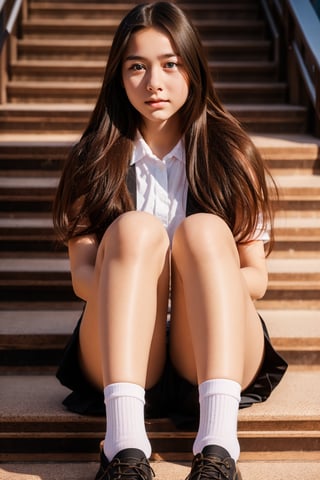 high school student,girl,school uniform,sitting on stair,Best Quality, 32k, photorealistic, ultra-detailed, finely detailed, high resolution, perfect dynamic composition, beautiful detailed eyes, sharp-focus, cowboy_shot, 