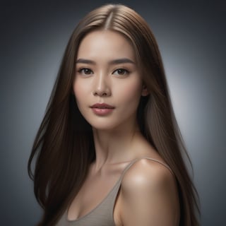 Hyper realistic portrait of a beautiful woman with long straight brown hair, floating over her shoulders to the front. Her head is tilted slightly to the left and she looks challengingly and confidently into the camera. Her face is softly lit with studio flash.