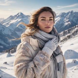 Generate hyper realistic image of a woman on a snowy mountain peak, her upper body covered in warm winter layers. The pose captures the majestic beauty of a snow-covered landscape, highlighting her resilience against the cold.