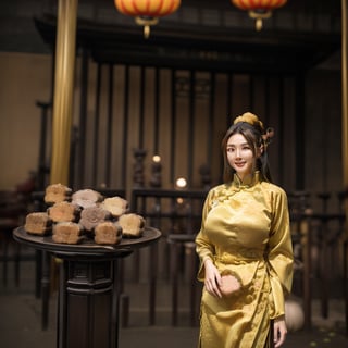 1womanl, 20yr old,((Chinese female celebrity)),The lens is shot from top to bottom,Chinese costumes,Gorgeous,the night,Ancient Chinese architecture,Chinese elements,Wooden dining table,((Mid-Autumn Mooncakes)),candlestick,Candle,lantern,,baifernbah