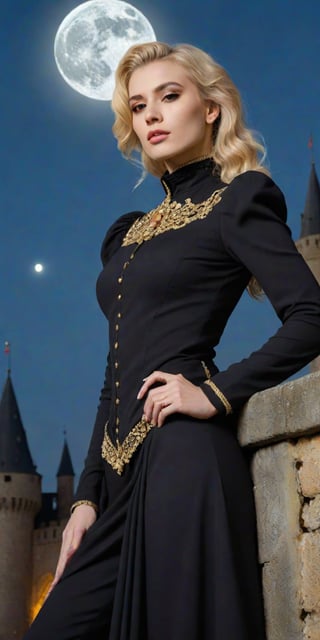 Elegantism, opulent scene, full portrait of a Victorian lady, heroic, black clothes, gold trim, full moon, castle, head and shoulders portrait, 8k resolution. (masterpiece, top quality, best quality, official art, beautiful and aesthetic:1.2), (1girl:1.4), upper body, blonde hair, portrait, extreme detailed, in the style of esao andrews,style,oil paint ,concept,fantasy