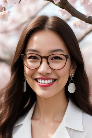 1girl, solo, long hair, looking at viewer, smile, brown hair, shirt, brown eyes, jewelry, earrings, outdoors, parted lips, glasses, teeth, lips, cherry blossoms, portrait, realistic, nose, branch