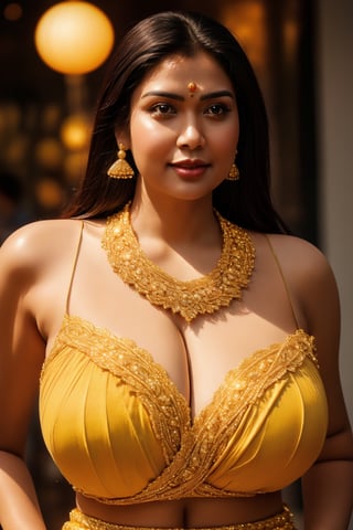 identical face, a 35year gorgeous woman with dark hair, elegant indian- woman, tight thai,  dark brown aerola, realistic, body height 5.5 feet, realistic image, yellow saree red blause, gold necklace, diamond bracelet,hot look, 