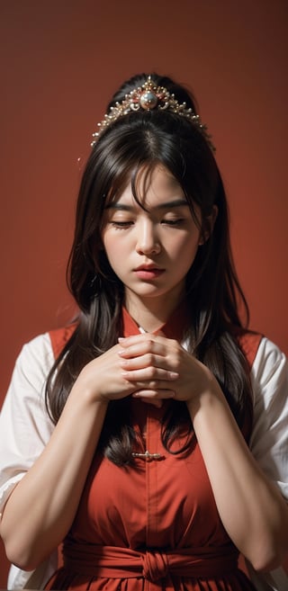 A Chinese ancient beauty is praying, with hands clasped together, eyes closed in silence, wearing a solemn yet beautiful expression, Red Background