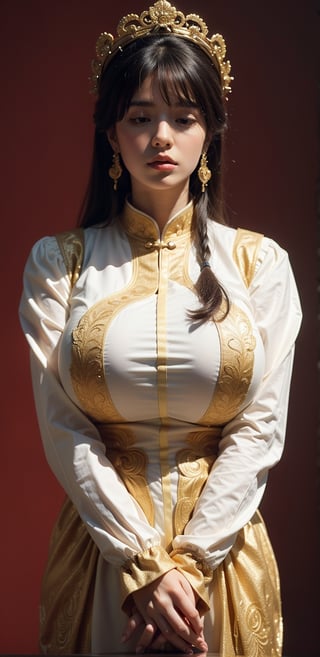 A Chinese ancient beauty is praying, with hands clasped together, eyes closed in silence, wearing a solemn yet beautiful expression, Red Background