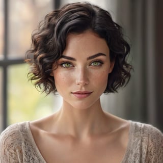 Generate hyper realistic image of a photorealistic portrait of a woman with short black wavy hair, a subtle smile, and freckles. Her green eyes should catch the soft natural light, emphasizing the simplicity of her makeup.