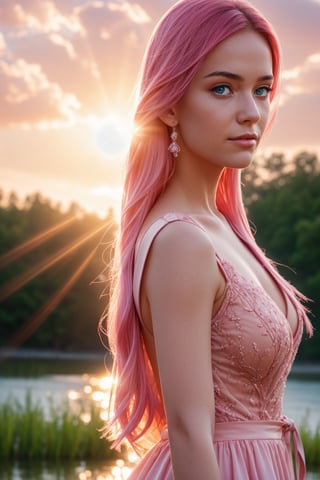 Best work, (Best quality, ,HDR, 8k, 32k, raw photo, photorealistic, UHD:1.2), beautiful 20 year old girl in long black dress at the lakeside in a forest, eyes, pink hair, detailed face, perfect face, pond, dark sky, lights in the background, realism, red sky, detailed sky, realistic clouds, sun, bright environment, late afternoon, sun rays in the clouds