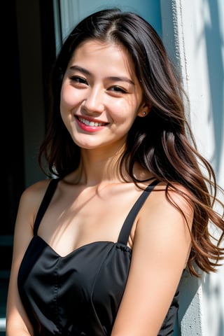 RAW photo, face portrait photo of beautiful 26 y.o woman, cute face, wearing black dress, happy face, hard shadows, cinematic shot, dramatic lighting
