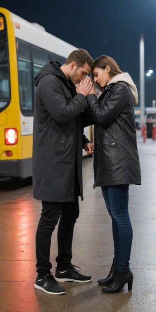 masterpiece, best quality, the young man and the girl are very much in love with each other, they are both 28 years old. The man is about to break up with his lover at the intercity bus terminal at night, extremely sad and emotional scene, the image taken from the external perspective with their hands being separated from each other, the woman who is alone, delete, rain, terminal crowd, drenched, professional professionalism, distorted, both, facing the audience, seen to the viewer, live 8k, ultra realistic, night, upper body, photo r3al, shooting star, photo r3al