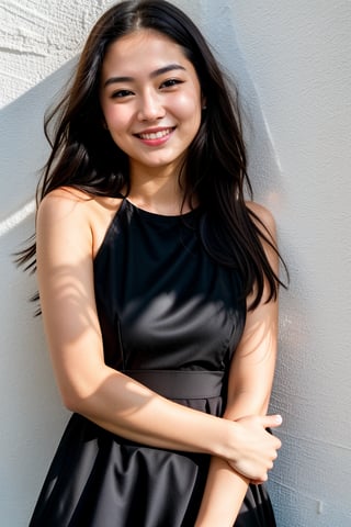 RAW photo, face portrait photo of beautiful 26 y.o woman, cute face, wearing black dress, happy face, hard shadows, cinematic shot, dramatic lighting
