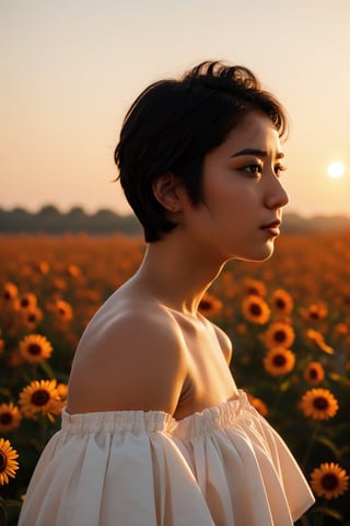 1girl, solo, short hair, black hair, White long skirt,whole body, flower, redscale, profile,sunset,movie mood,Beautiful