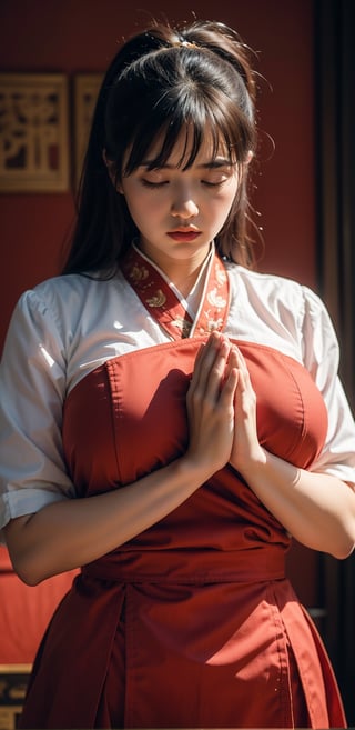 A Chinese ancient beauty is praying, with hands clasped together, eyes closed in silence, wearing a solemn yet beautiful expression, Red Background