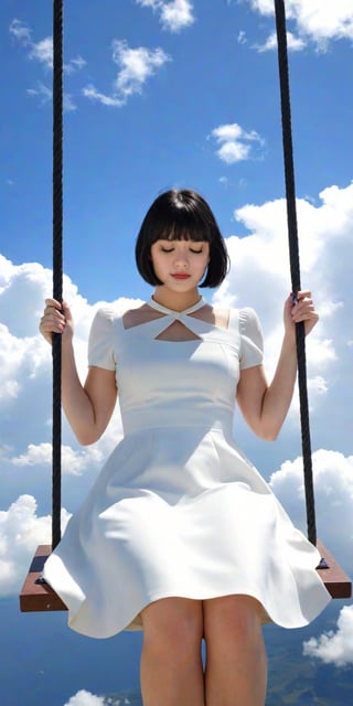 best quality,masterpiece,1girl, above clouds, solo, short hair, bangs, black hair, dress, sitting, closed eyes, short sleeves, outdoors, parted lips, sky, day, cloud, white dress, blue sky, cloudy sky, swing