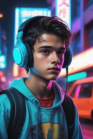 Dreampolis, hyper-detailed digital illustration, cyberpunk, stranger things background theme , scared expression, 17 y. o. single boy headphones in the street, neon lights, lighting bar, city, cyberpunk city, film still, backpack, in megapolis, pro-lighting, high-res, masterpiece, looking_at_viewer, full body,neon photography style, visible legs, wearing jean shorts, visible face, detailed face